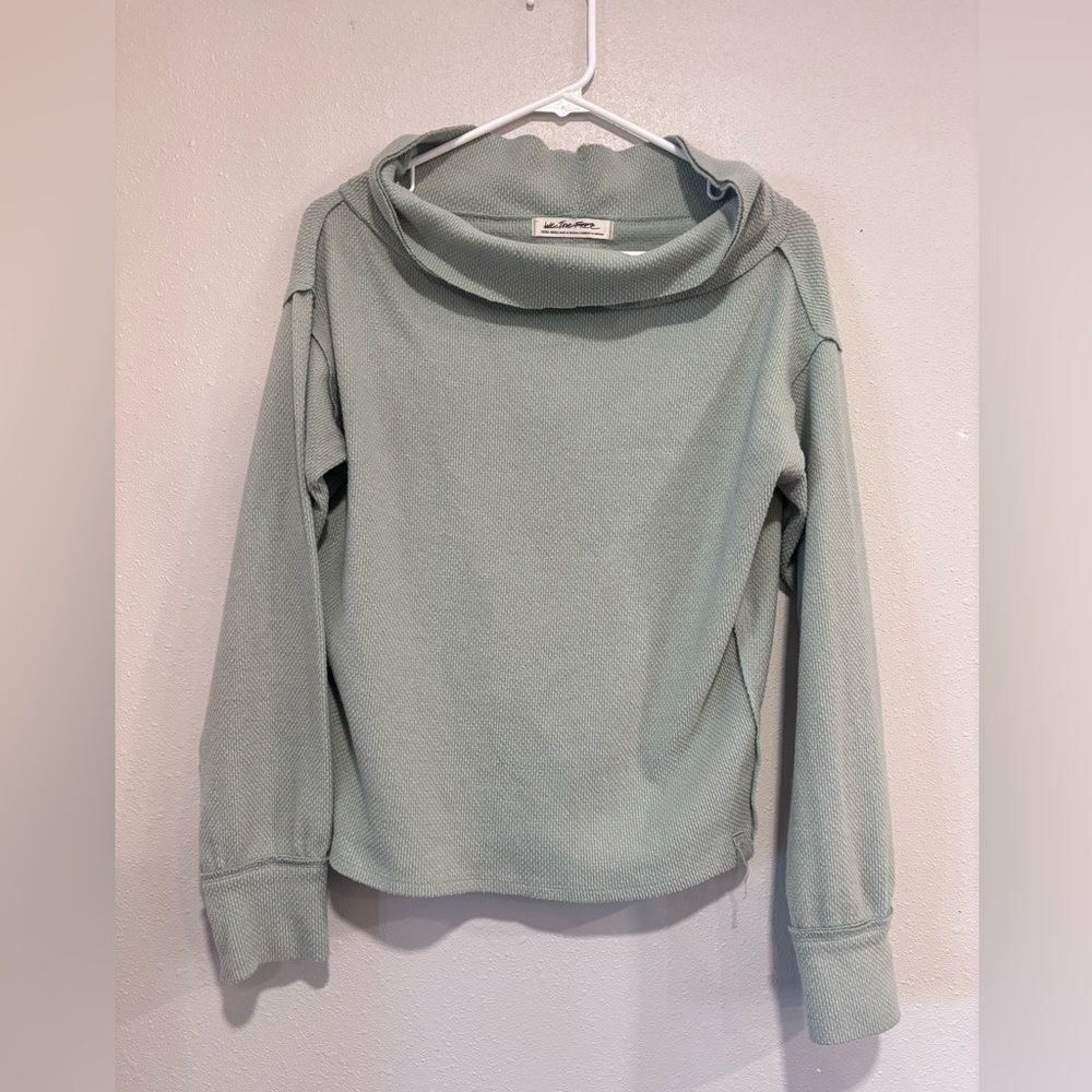 "We The Free" Thermal Top Cowl Neck and Waffle Knit Texture Sage Green BOHO